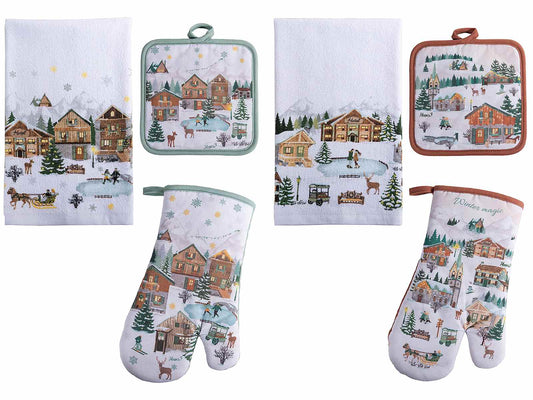 Set da cucina di Natale in cotone: guanto, presina e asciugapiatti