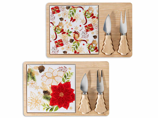 Tagliere da formaggi in legno e ceramica con 2 coltelli, 26,5 x 17 cm