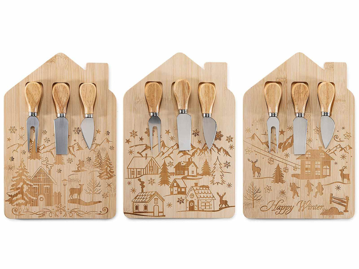 Tagliere per formaggi a forma di casetta con 3 coltelli, 20 x 30 cm