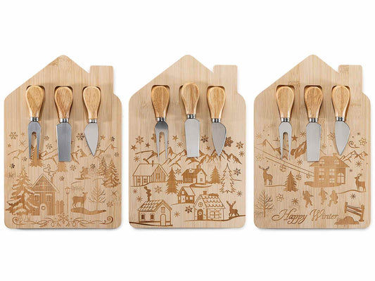Tagliere per formaggi a forma di casetta con 3 coltelli, 20 x 30 cm