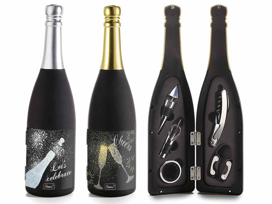Set da vino a forma di bottiglia di spumante con 5 accessori, 32 cm