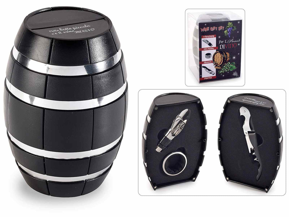 Set da vino a forma di botte con 3 accessori, in confezione regalo