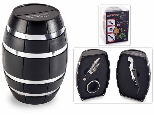 Set da vino a forma di botte con 3 accessori, in confezione regalo
