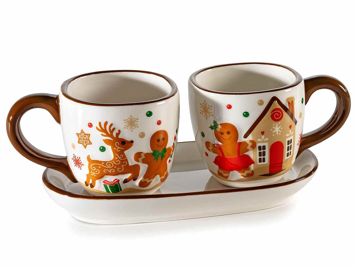 Set di 2 tazzine da caffè in ceramica con vassoio, pan di zenzero