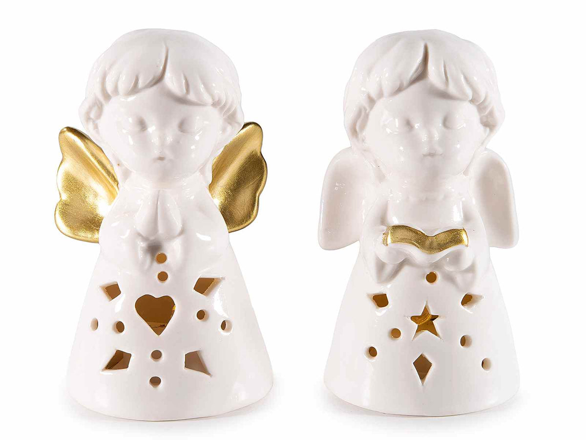 Angelo di Natale in porcellana con luce LED, 10 cm