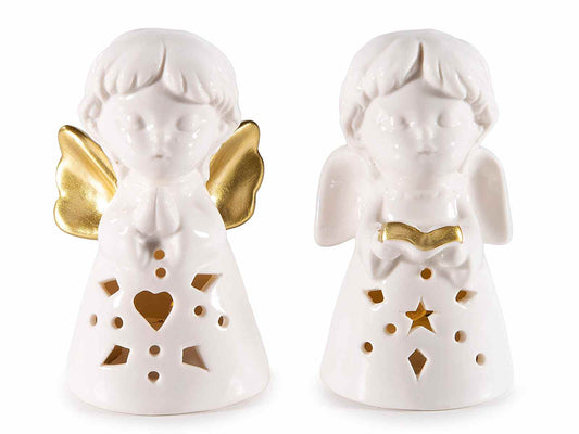 Angelo di Natale in porcellana con luce LED, 10 cm