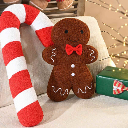 I due cuscini appoggiati a un divano beige, accanto a un regalo verde e a un ramo di luci