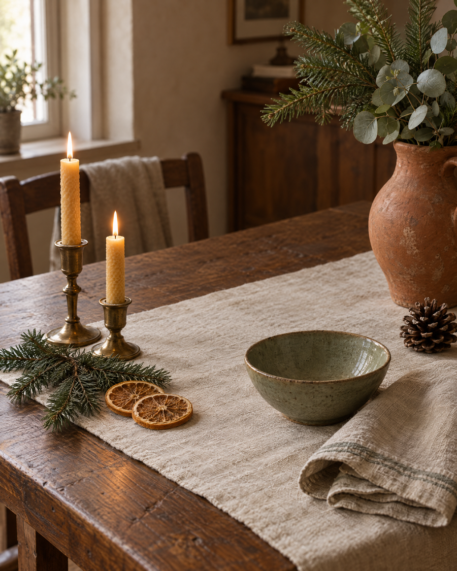 Angolo di una tavola di legno con runner di lino, due candele accese in candelieri di ottone, rami di abete, arance secche e una ciotola di ceramica verde salvia