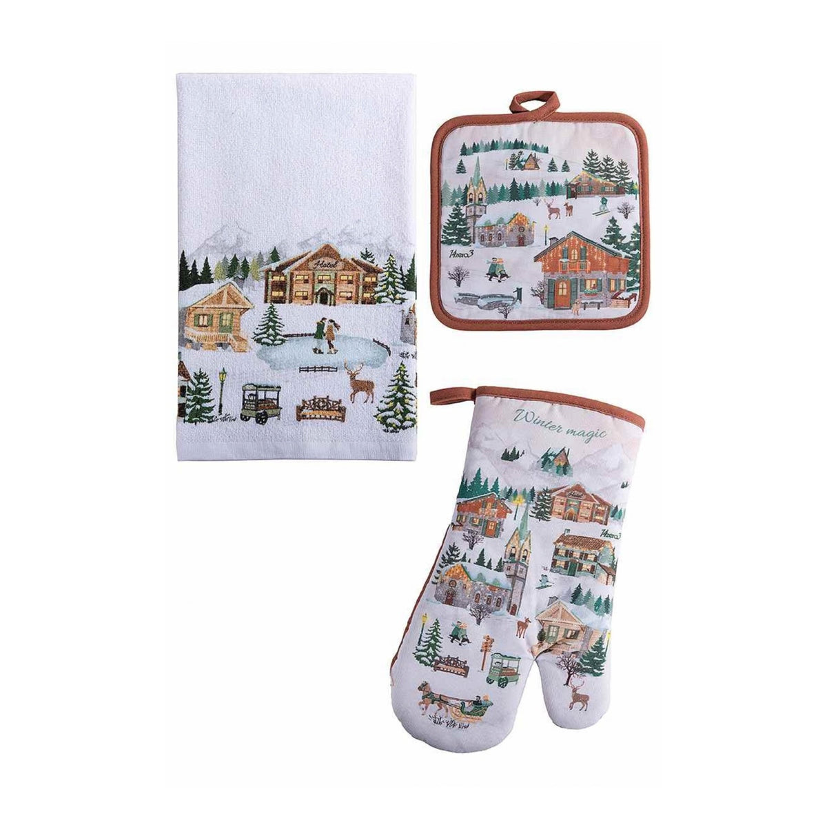 Set da cucina di Natale in cotone terracotta: guanto, presina e asciugapiatti