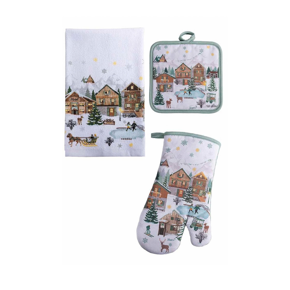 Set da cucina di Natale in cotone verde salvia: guanto, presina e asciugapiatti